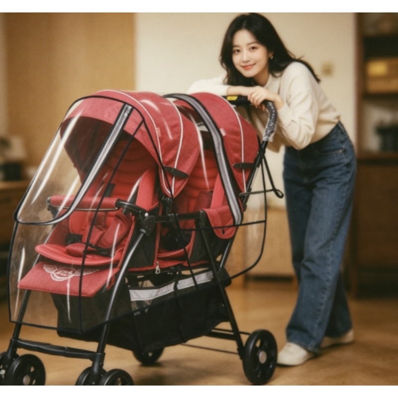 Stroller Rain Cover - Doppelsitz-Kinderwagen Wasserdichter Bezug mit Aufbewahrungstasche für